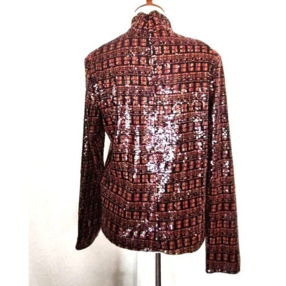 Zara Top M Sequin High Collar Mock Neck Long Sleeve Slit Cuff Party - Picture 9 of 15